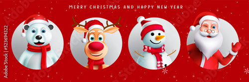 Christmas characters vector set design. Santa claus, reindeer, snowman and polar bear 3d christmas character in circle red background for xmas holiday season. Vector illustration.
