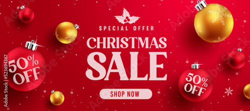 Christmas sale vector banner design. Christmas sale special offer text in shopping price discount with xmas balls elements for holiday promo ads. Vector illustration.
