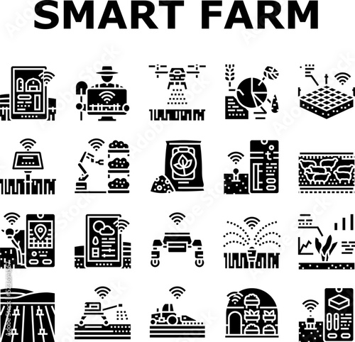 farm smart agriculture farmer icons set vector. technology digital drone, innovation plant, food sensor, future field, crop industry farm smart agriculture farmer glyph pictogram Illustrations
