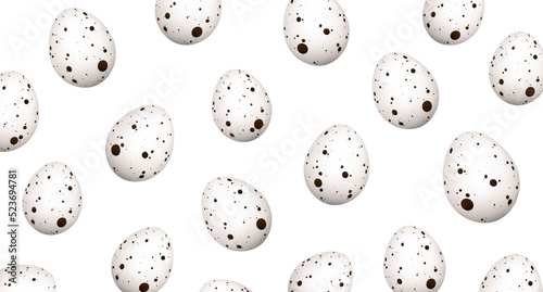 Vector quail eggs seamless pattern. White eggs with dark dots, realistic illustration. Quail product on white background. Natural nutrition poster. Healthy food wallpaper. Easter food. Protein icon