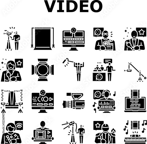 video production film studio icons set vector. movie camera, media studio, digital profession tv, television industry, cinema shoot video production film studio glyph pictogram Illustrations