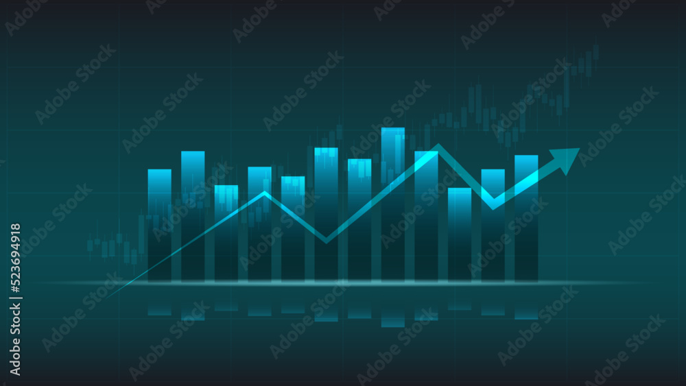 Naklejka premium economy situation concept. Financial business statistics with bar graph and candlestick chart show stock market price and currency exchange on dark green background