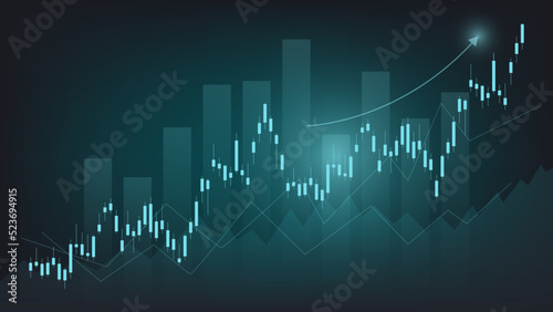 economy situation concept. Financial business statistics with bar graph and candlestick chart show stock market price and currency exchange on dark green background