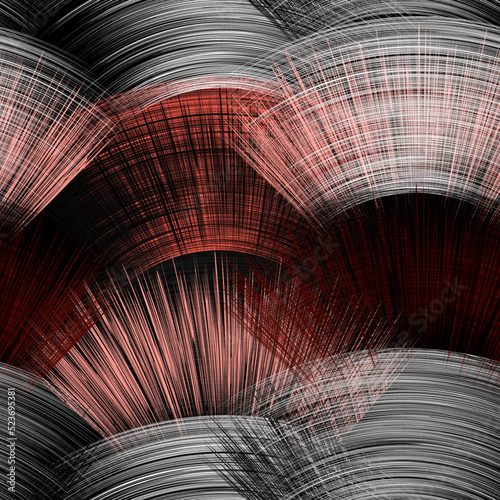 Seamless pattern with rows of grunge striped rough semicircle, fantail intersecting elements in red, pink, white, brown colors on black background