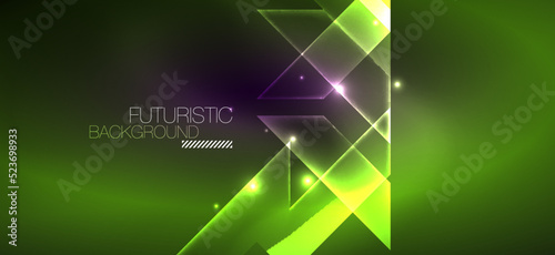 Background neon glowing lines and geometric shapes. Lights in the dark wallpaper for concept of AI technology, blockchain, digital, communication, 5G, science