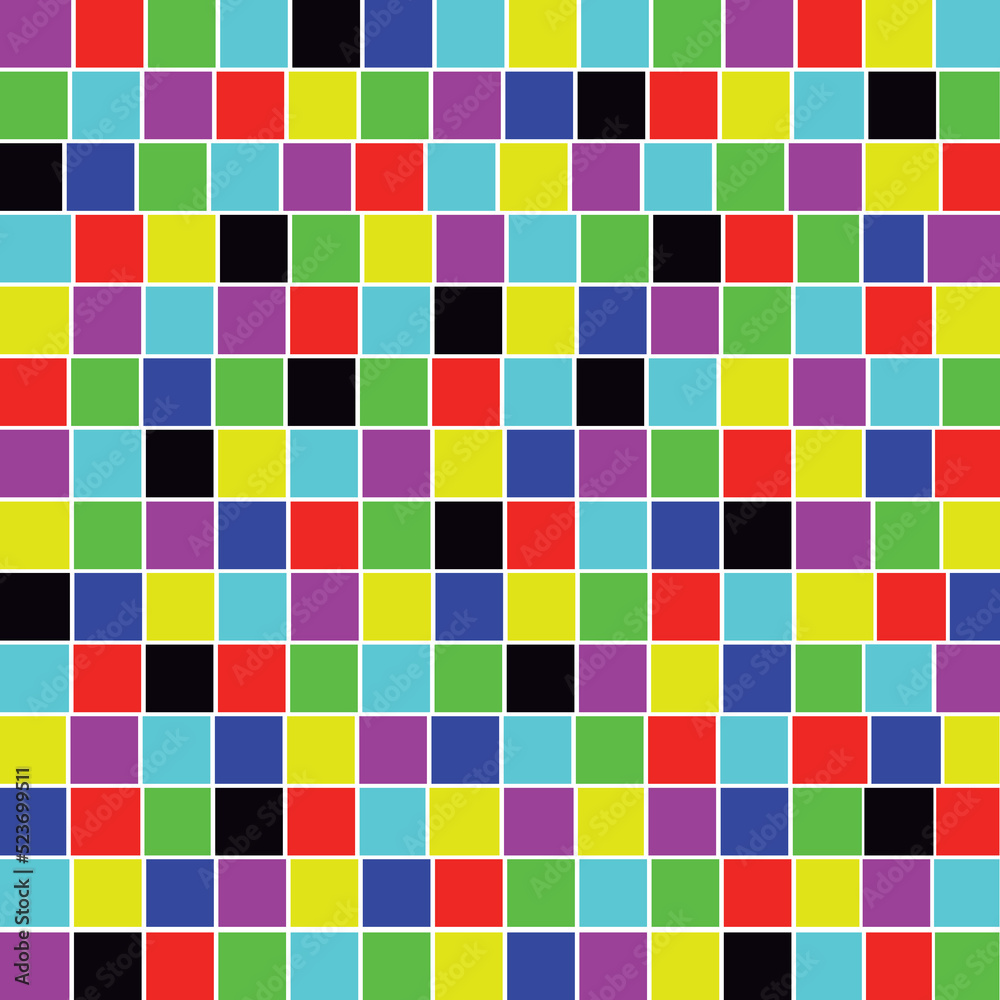 Optical illusion colored squares and white lines in motion. Colorful squares background.