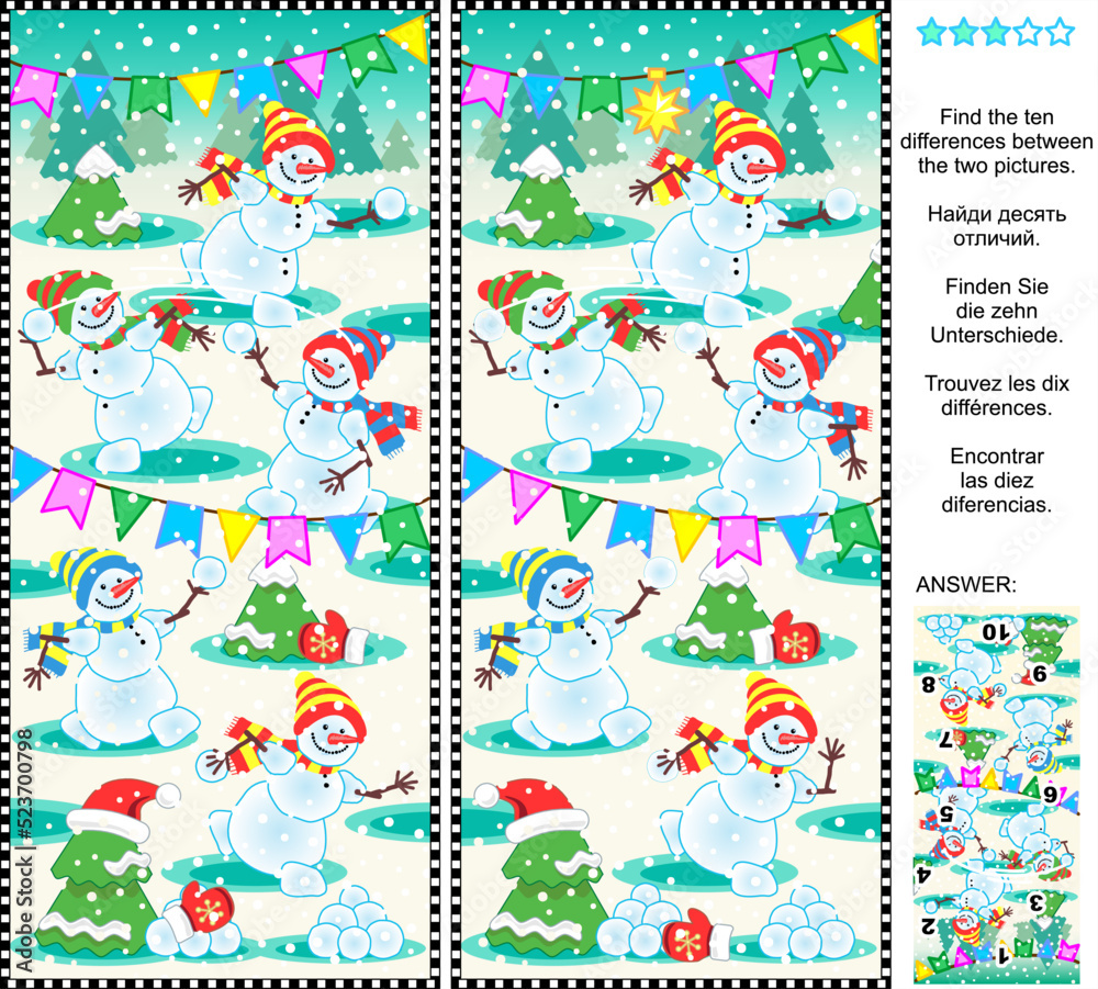 Fototapeta premium Playful snowmen difference game 