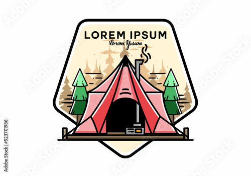 Large glamping tent with heater and chimney illustration design