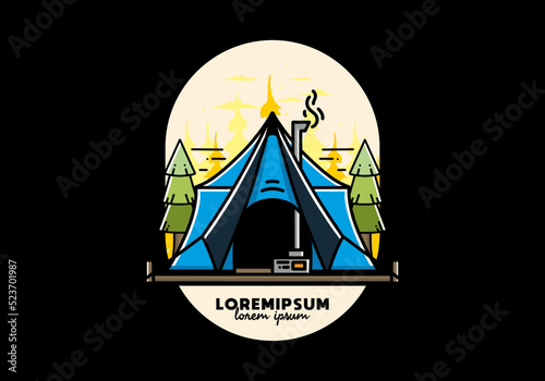 Large glamping tent with heater and chimney illustration design