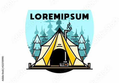 Large glamping tent with heater and chimney illustration design