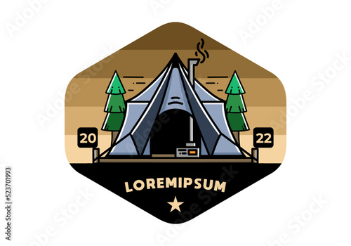 Large glamping tent with heater and chimney illustration design