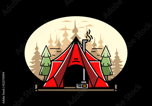 Large glamping tent with heater and chimney illustration design