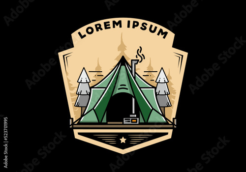 Large glamping tent with heater and chimney illustration design