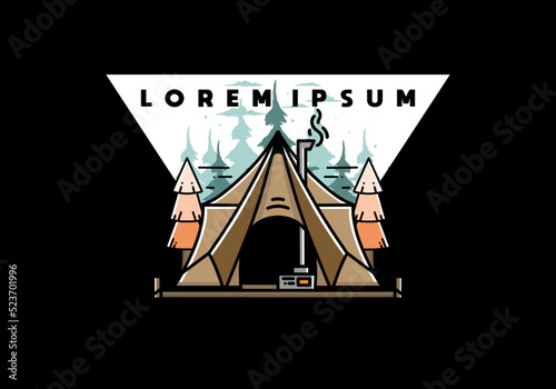 Large glamping tent with heater and chimney illustration design