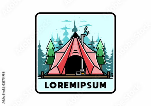 Large glamping tent with heater and chimney illustration design