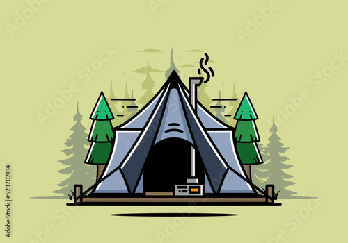 Large glamping tent with heater and chimney illustration design