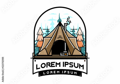 Large glamping tent with heater and chimney illustration design