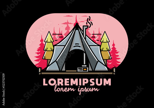 Large glamping tent with heater and chimney illustration design