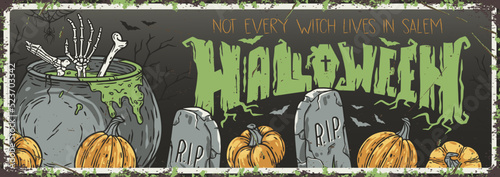 Trick or treat halloween cementary party poster with pumpkins, cauldron and bones