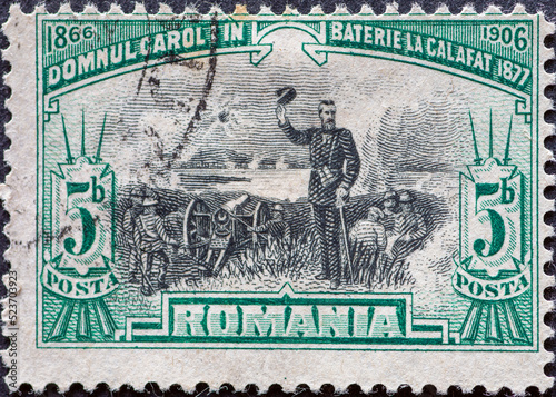 ROMANIA - CIRCA 1906: a postage stamp from Romania , showing a military scene Carol I at Battle of Calafat in 1877. Circa 1906 photo