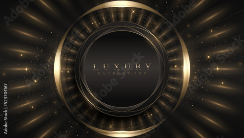 Golden circle on black background and light ray effect decoration and bokeh elements. 3d style luxury scene.