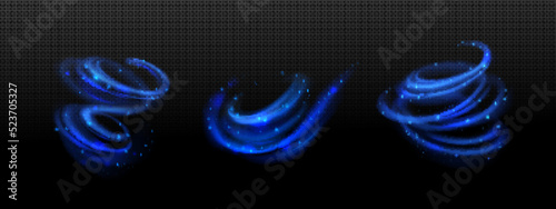 Abstract wind swirls effect with sparkles. Vector realistic set of magic air spirals and twirls with blue glow, shiny whirls and vortex isolated on transparent background