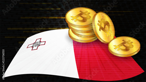 Stacks of gold coins of Bitcoin BTC on colored flag of Malta on dark digital background. Central Bank of Malta adopts laws on digital assets CBDC.