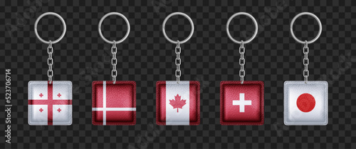Keychains with Georgia, Denmark, Canada, Switzerland and Japan flags. Metal square keyring holders with country symbolic, isolated accessories or souvenir pendants mock up, Realistic 3d vector set