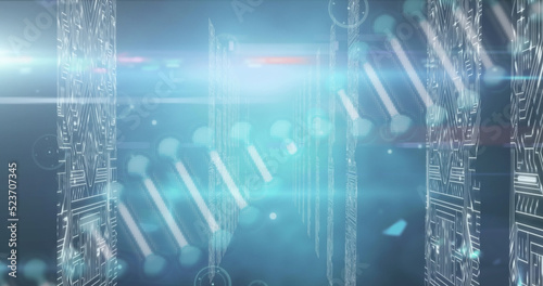 Image of dna structure spinning over screens of microprocessor connections on blue background