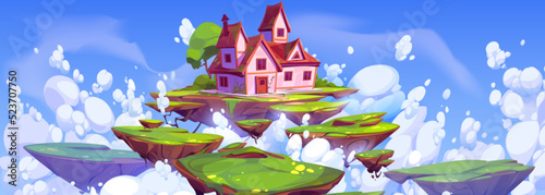 Pink magic house on floating island in blue sky with fluffy clouds. Fantasy summer landscape with fairy cottage and flying ground pieces with green grass, trees in heaven, Cartoon vector illustration