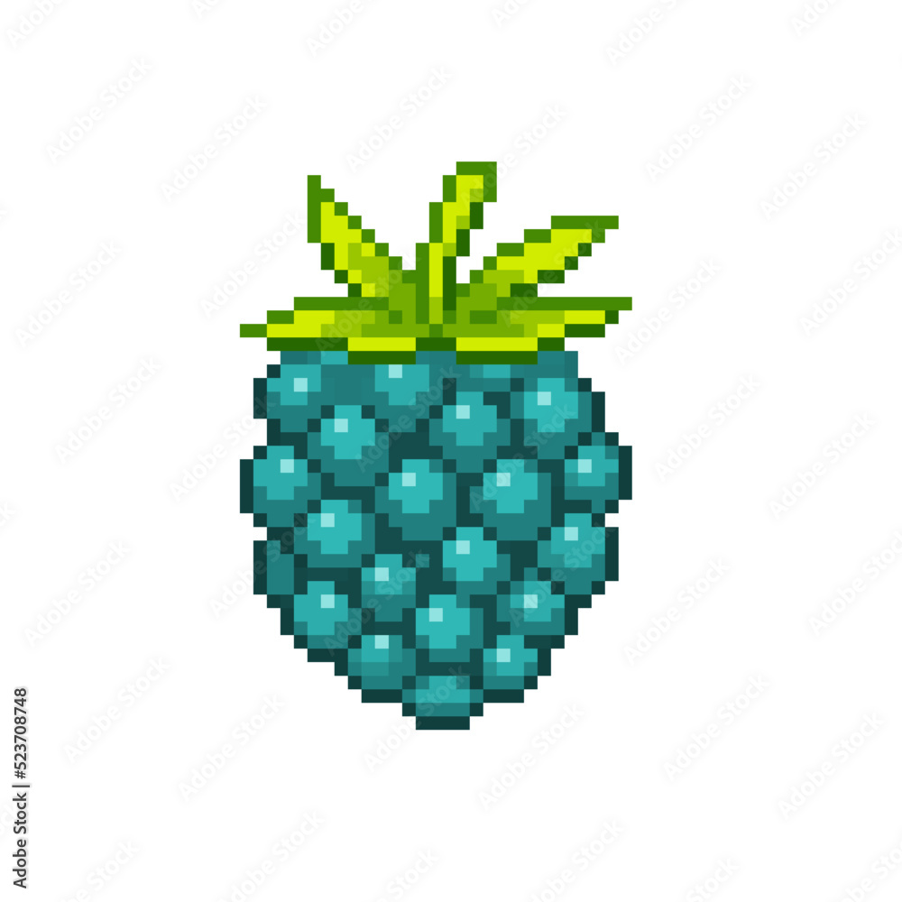 An 8-bit retro-styled pixel-art illustration of a light blue raspberry with lime green leaves.