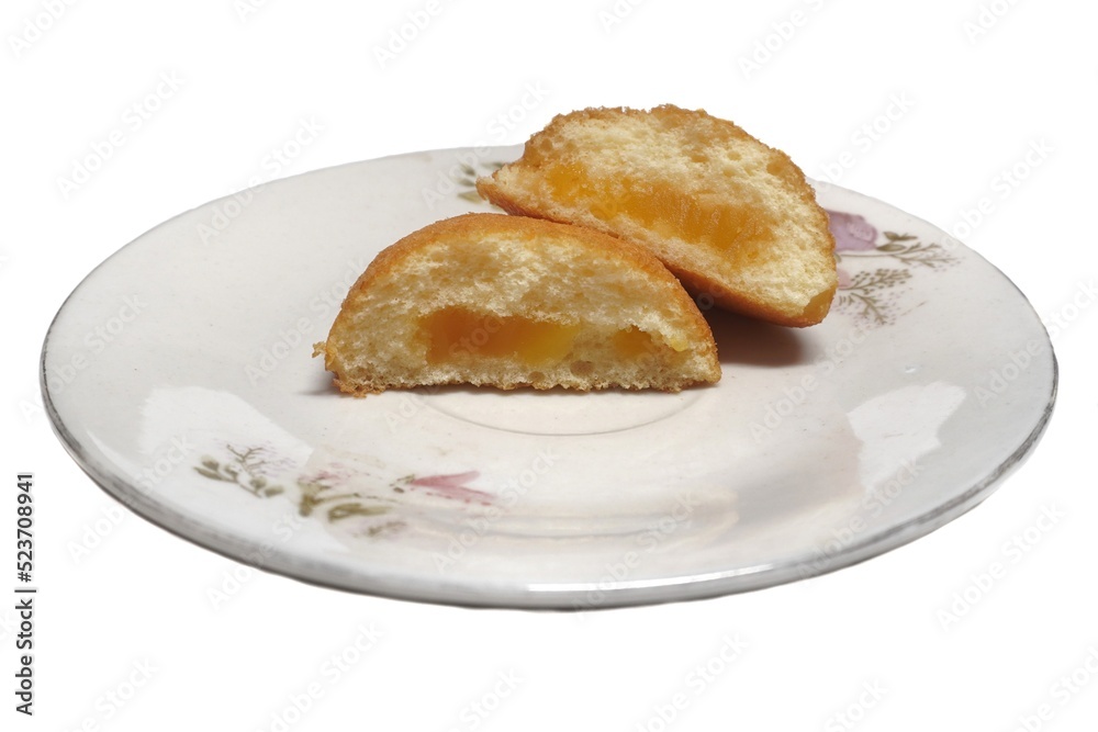 white background Creamy Bread Loaf split in half, placed in a white plate white background Creamy Bread Loaf split in half, placed in a white plate