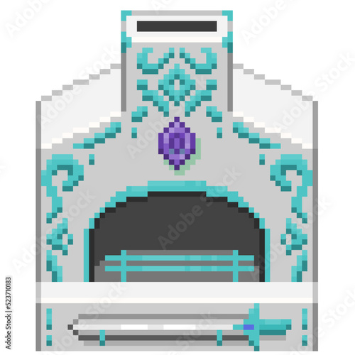An 8-bit retro-styled pixel-art illustration of a blue sapphire furnace.