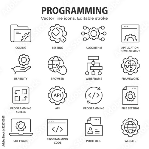 Programming line icons. Set of software, code, website, develop and more. Editable stroke.