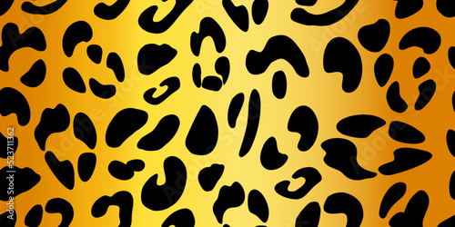 Leopard texture on a golden background. Animalistic seamless pattern. Vector hand-drawn illustration.