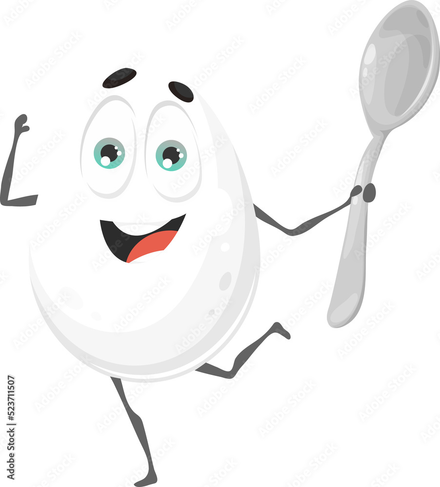 Fototapeta premium Cute egg with spoon funny cartoon character emoji