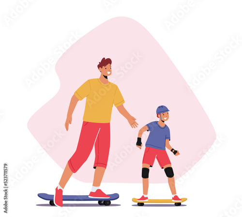Happy Family Characters Riding Skateboard at City Park. Young Father and Little Son Skateboarding Hobby, Sport Activity