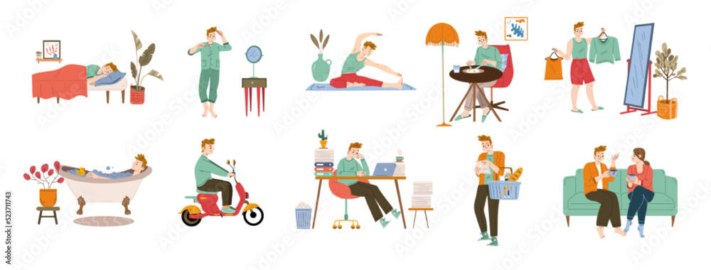 Man daily routine, life cycle, schedule habits. Male character sleep, brushing teeth, exercising, eat, dress up, riding scooter, work in office, shopping, meet with friend, Line art flat vector set