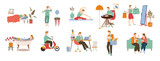 Man daily routine, life cycle, schedule habits. Male character sleep, brushing teeth, exercising, eat, dress up, riding scooter, work in office, shopping, meet with friend, Line art flat vector set
