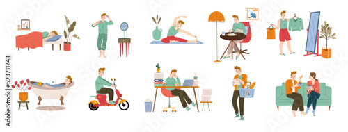 Man daily routine  life cycle  schedule habits. Male character sleep  brushing teeth  exercising  eat  dress up  riding scooter  work in office  shopping  meet with friend  Line art flat vector set