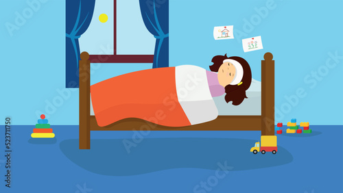 Girl lies in bed with a compress on her forehead