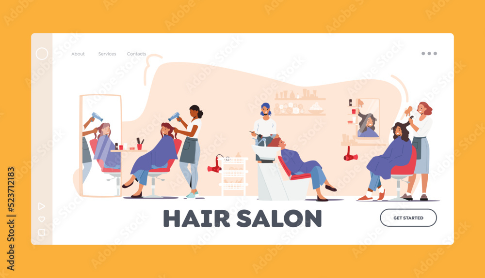 Hair Salon Landing Page Template. Female Characters Visiting Beauty Salon for Hairstyle. Young Women Sitting at Mirror