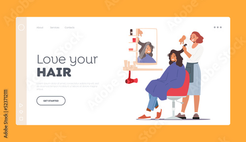 Love your Hair Landing Page Template. Young Woman Visiting Beauty Salon. Hairdresser Master doing Haircut for Girl