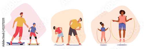 Set Family Sport Activities, Exercises. Young Athlete Parents and Kids Characters Doing Fitness or Aerobics Exercise