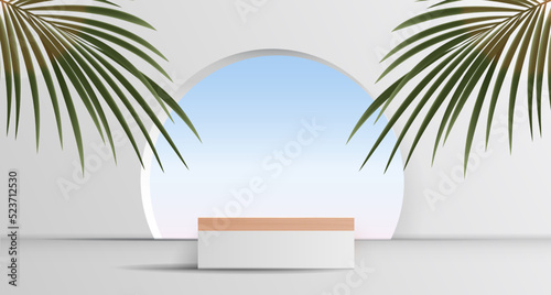 Cosmetic gray background and premium podium display for product presentation branding and packaging presentation. studio stage with shadow of leaf background. vector design