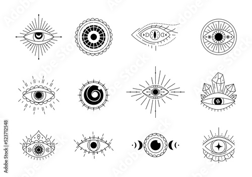 Evil eyes collection. Magic witchcraft eye talisman, magical esoteric eyes line art
