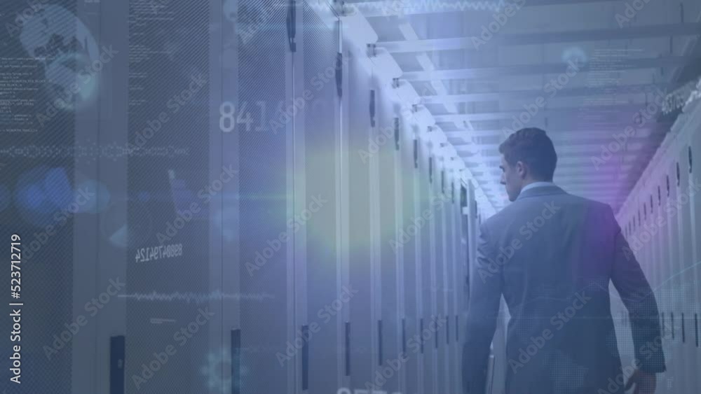 Animation of data processing over caucasian businessman in server room Animation of data processing over caucasian businessman in server room