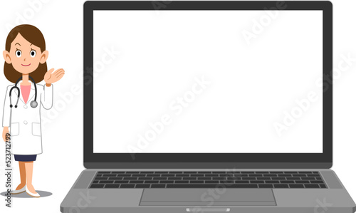 空欄のノートパソコンの画面を案内する医者の女性
