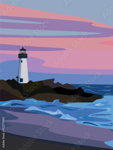 Evening gentle landscape with a sea lighthouse on the sea.