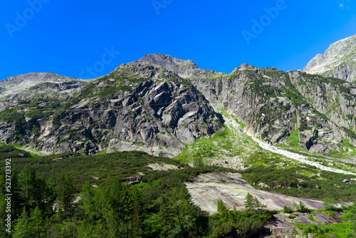 Mountain panorama at Swiss mountain pass Grimsel, Canton Bern, on a sunny summer day. Photo taken July 3rd, 2022, Grimsel Pass, Switzerland.